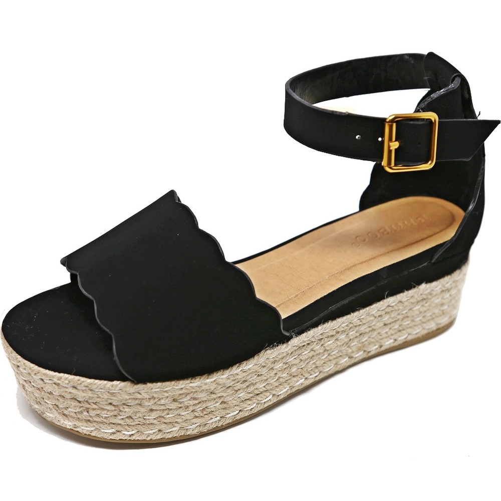BAMBOO Black Scalloped Espadrille Platform Sandal with Gold Buckle